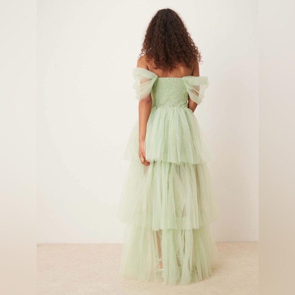 NWT Lace & Beads off shoulder high low tulle maxi dress in sage US 6 / UK 10 - Picture 3 of 5